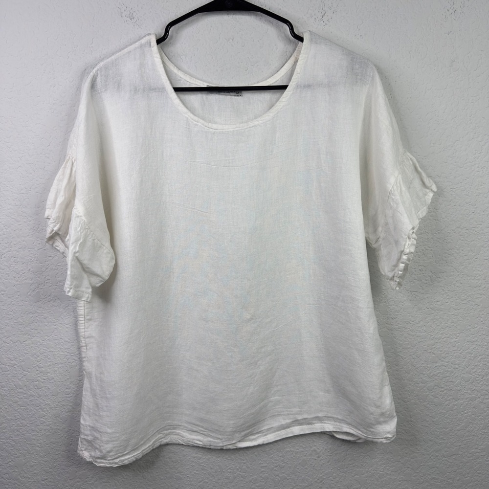Elena Baldi Shirt Womens M‎ White Linen Ruffle Made in Italy Lagenlook Coastal